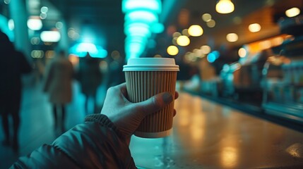 Disposable coffee cup, urban interlude. Blurred backdrop of streetlights whispers of late nights. Warmth contrasts cool tones, a fleeting comfort in solitude.