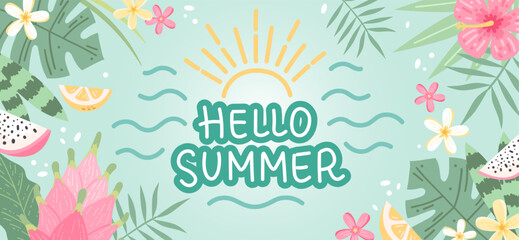 Hello Summer lettering, background with flowers and leaves. Hand drawn vector illustration