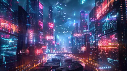 Concept art of a futuristic stock market with flying data streams.