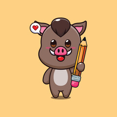 boar holding pencil cartoon vector illustration.