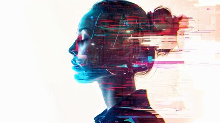 Abstract digital double exposure portrait of a woman with glitch effect, representing artificial intelligence and futuristic technology.