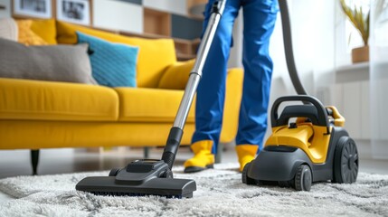 Professional Cleaner Dusting Living Room Carpet