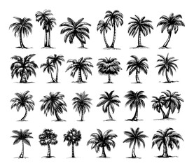Doodle Style Different Palm Trees Icons. Hand Drawn Black Tropical Tree Illustrations on White Background. Simple Style Nature Beach Vacation Summer Exotic Trees
