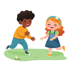 Two smiling international kids playing and running. Cartoon character in flat design style isolated. Vector illustration