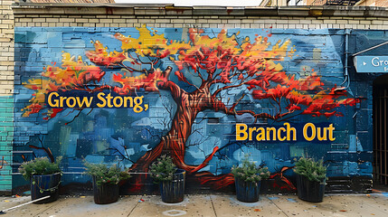 Urban mural featuring dynamic tree with the words Grow Strong Branch Out in dynamic typography symbolizing personal growth and resilience