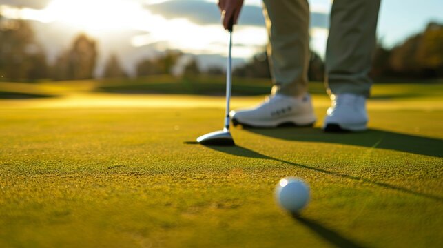 A golfer reading the green and lining up a putt with a putter in hand, focusing intently on the break and speed.
