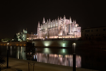 Fototapeta premium Scenic night view of the facade of Palma de Mallorca Cathedral