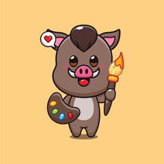 Vector illustration of cute painter wild boar cartoon.