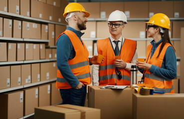 Warehouse workers having a break together