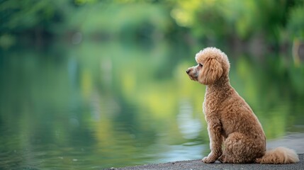 Fototapeta premium Majestic Poodle Contemplating Still Waters