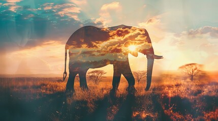 Fototapeta premium Double exposure image of an elephant and a vibrant sunset landscape. Wildlife and nature blend in a beautiful artistic composition.