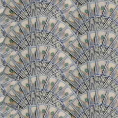 A close up of many dollar bills seamless pattern. The dollar bills are arranged in a spiral pattern, creating a visually appealing and dynamic composition.