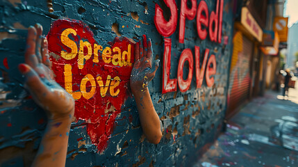 Urban mural featuring pair of hands forming a heart shape with the words Spread Love in bold lettering symbolizing compassion and kindness