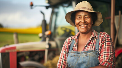A woman wearing a straw hat and a red and white plaid shirt is smiling in front of a tractor. happy black female farmer aged 40 standing in front of tractor new zealand not a model with depth of field - Powered by Adobe