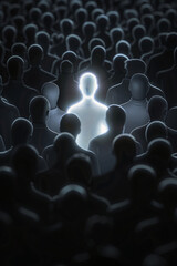 Obraz premium An illuminated figure stands out among dark silhouettes in a crowd, representing individuality and uniqueness in a sea of uniformity. 