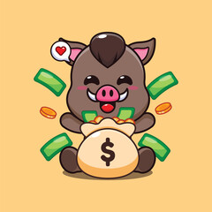 boar with money bag cartoon vector illustration.