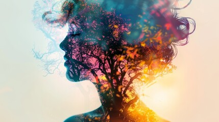 Double exposure of a woman's silhouette with colorful nature elements, symbolizing harmony and connection with the environment.