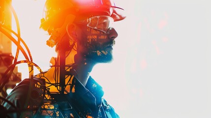 Double exposure of engineer and industrial plant silhouette, representing advanced technology, industry, and innovation in engineering.