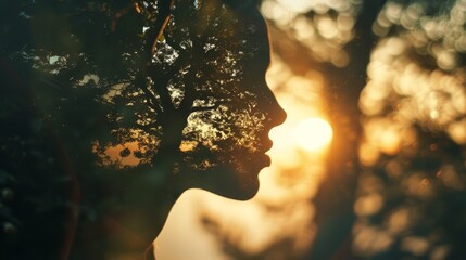 Double exposure of person's silhouette and nature scenery at sunset, symbolizing contemplation and connection with nature.