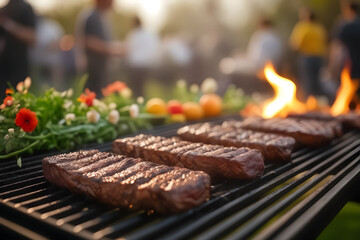 se-up of a sizzling BBQ captures the essence of a spring or summer evening celebration, with joyful people in the background