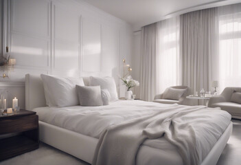 hotel bedroom, white glossy color, interior design, ad shot
