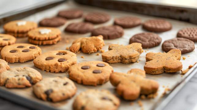 An array of freshly baked homemade cookies on a baking sheet, featuring a variety of shapes and flavors including chocolate chip, oatmeal, and gingerbread, ideal for holiday treats
