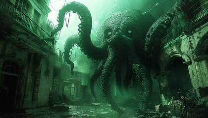 Fototapeta premium A giant, green, tentacled monster stands in a ruined city.