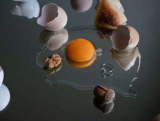A broken egg lies on a kitchen counter, its golden yolk pooling amidst the clear, viscous egg white. Fragments of the broken shell are scattered around, creating a scene of delicate chaos.