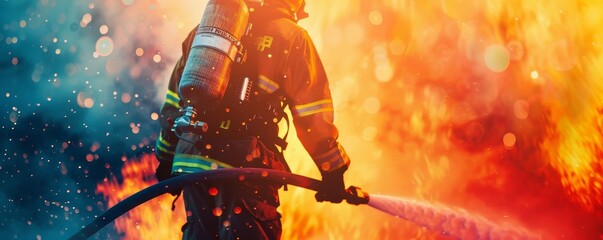 Firefighter battling intense flames with a hose, showcasing bravery and dedication in emergency response. Vivid colors and action-packed scene.