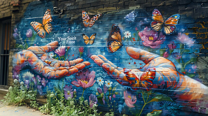 Urban mural featuring pair of hands releasing butterflies into the air with the words Set Your Spirit Free in dynamic typography symbolizing transformation and liberation