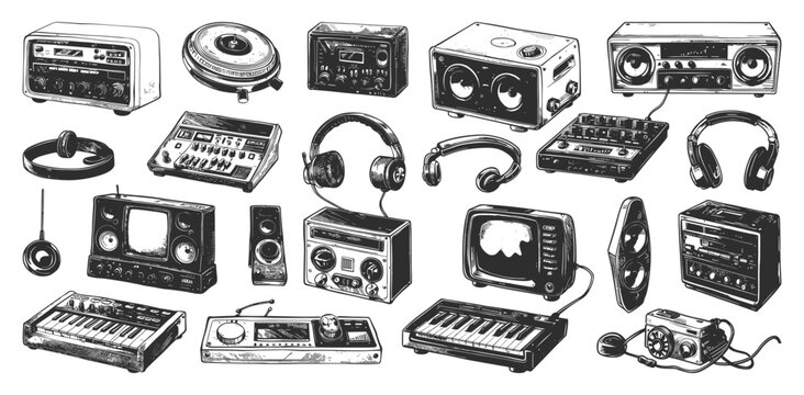 Doodle Style Retro Electronics for Sound Recording and Playback Icon Set. Retro, Vintage, Electronics, Sound, Recording, Playback, Music, Audio, Player, Recorder, Tape, Record, Phonograph, Radio