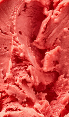 strawberry sorbet surface close-up shot, a closeup of the strawberry sorbet texture, highlighting its smooth and icy base with a bright red color
