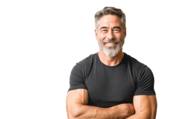 Muscular Middle-Aged Man in Black T-Shirt Smiling on White Background