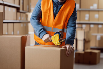 Warehouse packer sealing a delivery box