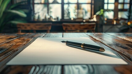 A pen on a blank sheet of paper on a rustic wooden desk by a window, bathed in natural light, creating a peaceful writing environment.