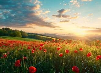 Beautiful sunset over poppy field in the springtime