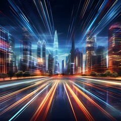 A futuristic cityscape at night with neon lights and skyscrapers in the background. Generative AI.