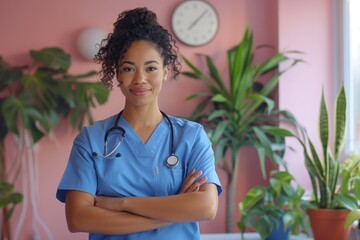 Confident nurse in blue scrubs standing with arms crossed in a bright medical office, surrounded by plants and a clock on the wall.