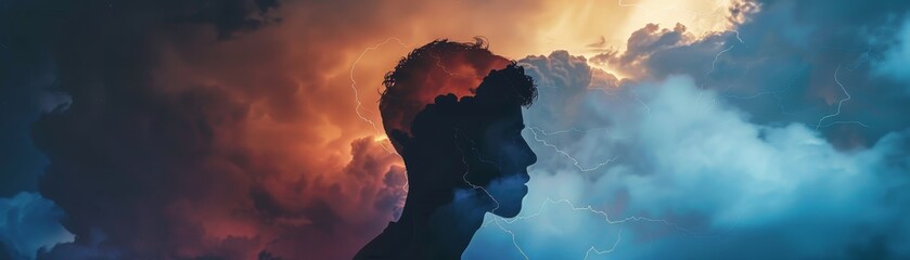 Silhouette of a man against a backdrop of dramatic clouds in vibrant colors, symbolizing introspection and creative imagination.