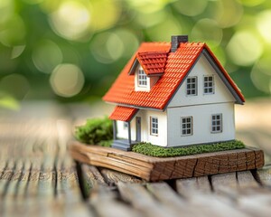 Cozy miniature house with red roof on wooden surface, surrounded by lush greenery, symbolizes home and real estate dreams. - Powered by Adobe