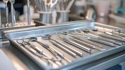 Tray of shiny stainless steel dental instruments ready for use in a clean and modern dental office. Medical tools for oral health care.