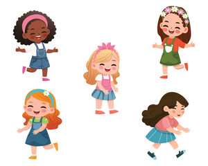 Set of smiling international kids playing and running. Cartoon character in flat design style isolated. Vector illustration