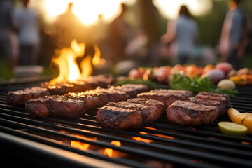 se-up of a sizzling BBQ captures the essence of a spring or summer evening celebration, with joyful people in the background