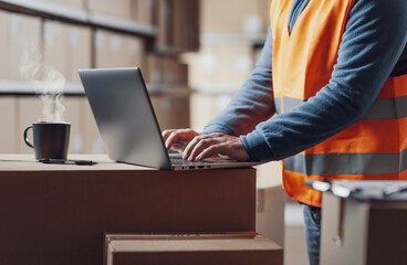 Warehouse worker working with a laptop