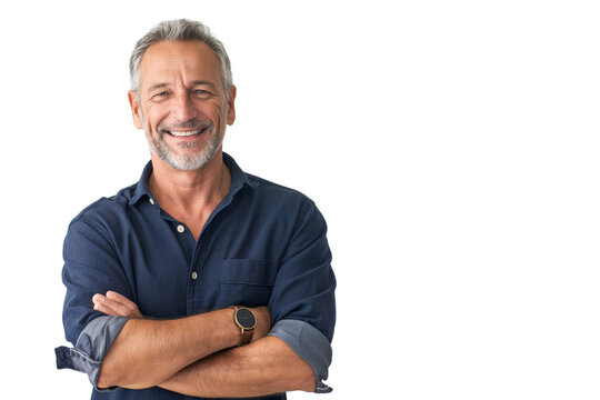 Middle-Aged Man in Dark Blue Shirt Smiling on White Background