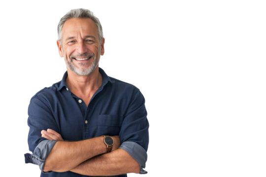 Middle-Aged Man in Dark Blue Shirt Smiling on White Background