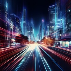 Fototapeta premium A futuristic cityscape at night with neon lights and skyscrapers in the background. Generative AI.