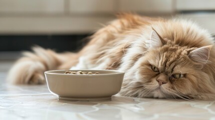 A heavyset Persian cat lying on a tiled kitchen floor, eyeing a bowl of kibble with anticipation.