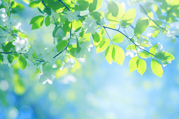 Sunlight filtering through green leaves with a soft, blurred background