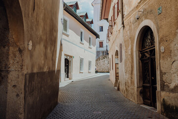 Fototapeta premium Scenic street in Skofja Loka, Slovenia, with charming architecture
